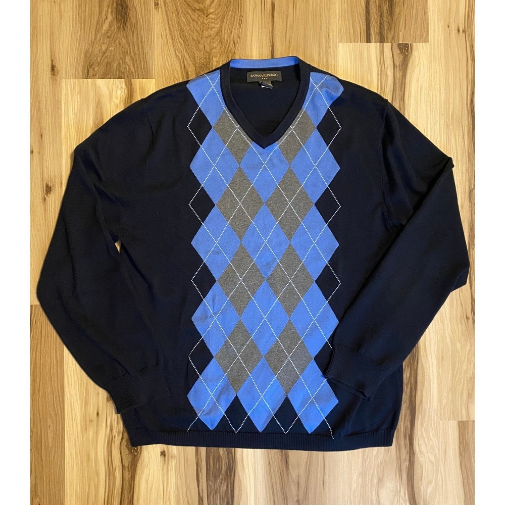 Vtg Banana Republic Mens Navy Blue Argyle V-Neck 100% Pima Cotton Sweater Large